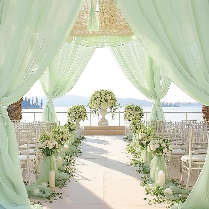 PARTISKY 10x7ft Sage Green Chiffon Backdrop Curtains, Wrinkle-Free Sheer Fabric Photo Drapes for Wedding Ceremony Arch Birthday Baby Shower Photography Stage Decor 5x7ft, 2 Panel