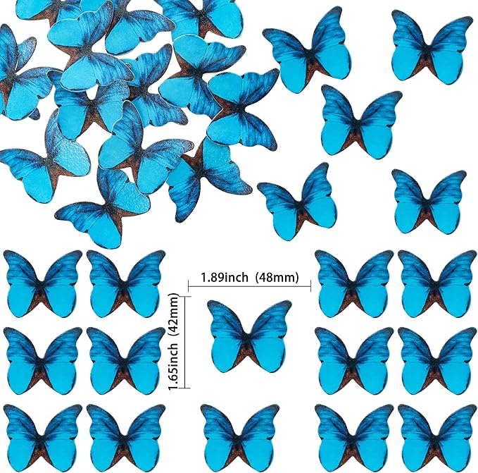 Ephlyn 48Pcs Edible Butterfly Cupcake Toppers 3D Cute Butterfly Cake Picks for Baby Shower Bridal Shower Boys Girls Birthday Party Cake Decorations Supplies Blue