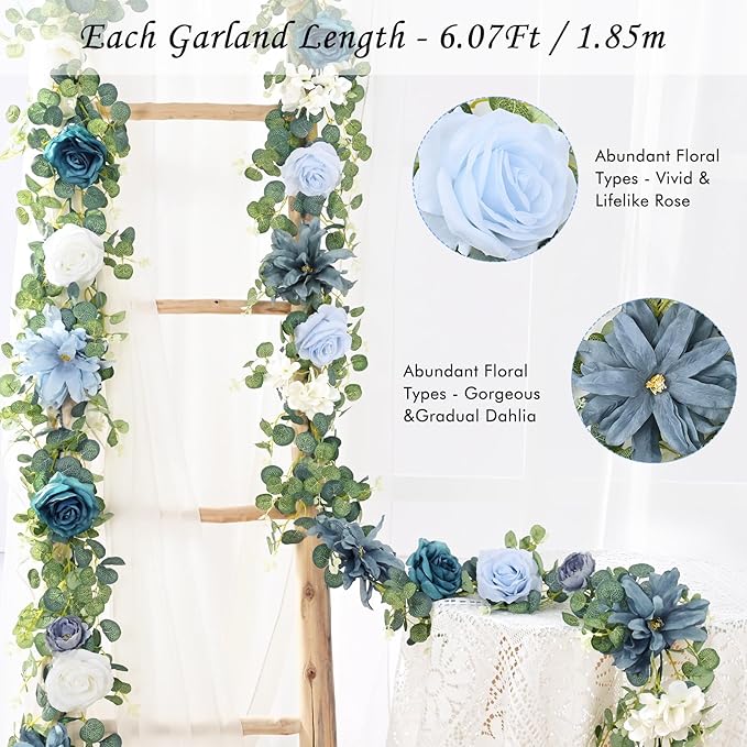 Waipfaru 2Pcs Artificial Eucalyptus Garland with Flowers 6.07Ft, Wedding Table Decorations, Floral Rose Garland for Centerpieces Backdrop Wall Flower Vines for Room Decor (Dusty Blue)