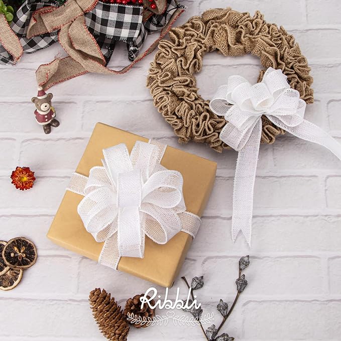 Ribbli White Burlap Wired Ribbon, 1” Inch x Continuous 20 Yard, White Wired Ribbon for Wreaths,Big Bows,Tree Decoration,Outdoor Decoration