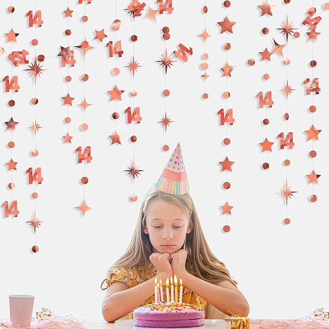 52Ft Rose Gold 14th Birthday Decorations Number 14 Circle Dot Star Garland Metallic Hanging Streamer Banner Backdrop for Girls Happy 14 Year Old Fabulous Birthday Fourteen Anniversary Party Supplies