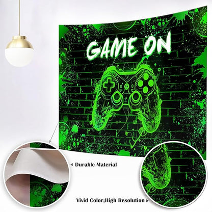 Mocsicka Game On Backdrop Video Game for Boys Level Up Birthday Party Decoration Game Night Arcade Neon Glow Gamer Banner Photography Background (Green, 10x8ft(120"x96"))
