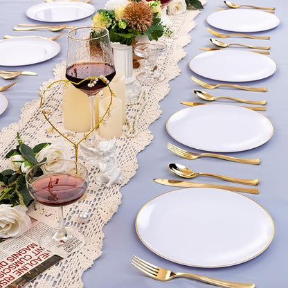 Festiva 50Pcs Gold Plastic Plates - 9 Inch White Plastic Plates with Gold Rim - Disposable Dinner Plates - include 50 salad&pasta Plate Perfect for Party&Wedding&Thanksgiving &Christmas