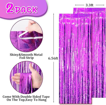 2 Pack Purple Tinsel Foil Fringe Curtains, Purple Party Decorations, Metallic Tinsel Party Streamers Backdrop for Halloween Mermaid Bachelorette Graduation Party Decorations
