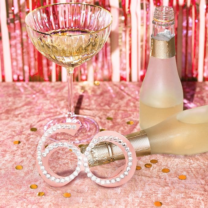 60th Birthday Glasses - 6 Pairs Rose Gold 60 Years Old Glasses with Rhinestones Frame, Funny Plastic Costume Photo Booth Props for 60th Anniversary Party Decorations