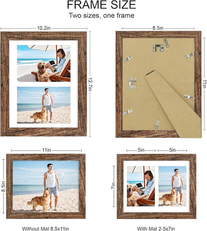 8.5x11 Picture Frame Set of 2, Rustic Brown Certificate Document Frames with Glass Collage Frame, Display Pictures Two 5x7 With Mat or 8.5 x 11 Without Mat for Wall Hanging or Tabletop