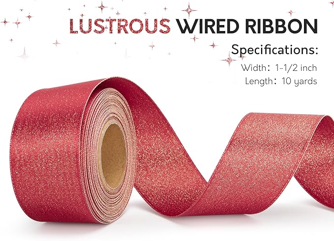 Christmas Ribbon Wired Red Satin Ribbons 1-1/2 Inch Double-Faced Gold Glitter for Tree Decoration, Wreath, Gift Wrapping, Home Decor 10 Yards