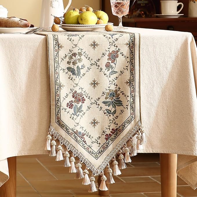 patdrea Designer Vintage Floral Linen Extra Long Table Runner 118 Inch Long,Beige Cottage Rustic Bouquets Pattern Table Mat,Decor for Kitchen Dining Coffee Table Cabinet Thanksgiving,12"*118"