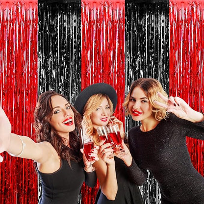 4 Pack Foil Fringe Curtain Backdrop, 3.28Ft x 8.2Ft Metallic Tinsel Foil Fringe Streamers for Photo Booth, Wedding, Casino Viva Las Vegas Game Night Birthday Party Decoration (Black Red)