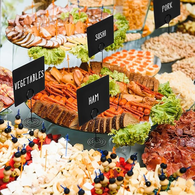 TecUnite 24 Pack Mini Chalkboard Signs, 4"x3" Small Table Place Cards with Metal Stand and 2 Marker Pens Food Labels for Party Buffet, Tabletop Blackboard Signs Name Tags for Wedding Bakery(Black)
