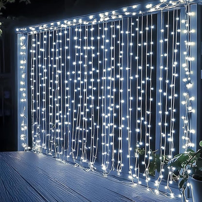 Dazzle Bright 300 LED Curtain String Lights, Christmas Fairy Lights for Bedroom with 8 Lighting Modes, Connectable Waterproof Window Lights Party Wedding Garden Wall Decor, White
