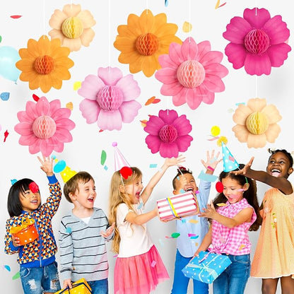 SUNBEAUTY 9 PCS Hot Pink and Orange Party Decorations Fall Large Hanging Paper Flowers Honeycomb Tissue Fiesta Sunset Autumn Decor for Birthday Thanksgiving Wedding Bridal Baby Shower Backdrop Wall