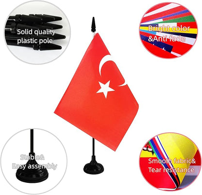 Turkey Desk Flag, 12 Pack Turkish Table Office Flag with Black Solid Pole and Stand Base, International Country Flag, Festival Celebration, Classroom Meeting Desktop Decor (Turkey)