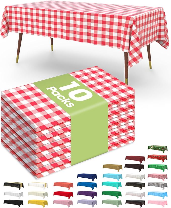 Pureegg Plastic Table Cloth Disposable 10 Pack, 54 x 108 Inch Table Cloths, Party, Picnic, Decorative Gingham Tablecloths, Rectangle, Red and White Checkered Cover, Leakproof & Sturdy, Red Plaid
