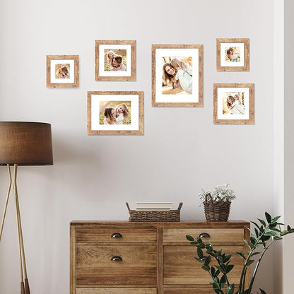 10x10 Picture Frame Set of 4 with Real Glass, Rustic Brown Frames Display 8x8 Picture with Mat or 10 x 10 Without Mat, Wooden Square Photo Frame for Wall Mount and Tabletop Display