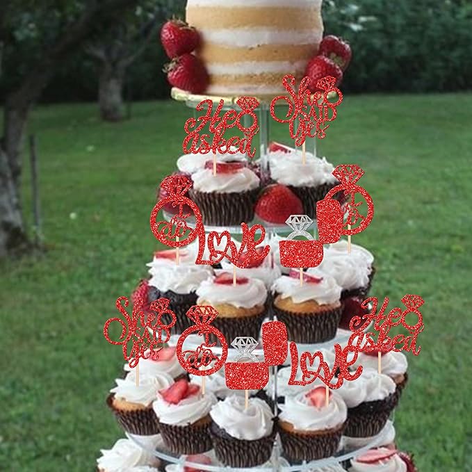 30 PCS He Asked She Said Yes Cupcake Toppers Diamond Ring Cupcake Picks Love I Do Bridal Shower Cupcake Decorations for Wedding Enaggement Theme Party Cake Decorations Supplies Red