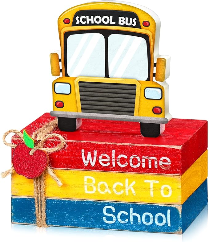 4 Pcs Back to School Table Decorations First Day of School Tiered Tray Decorations Decorative Mini Wooden Books Subject Signs for Office Shelf Classroom Tabletop Bookshelf(Bus)
