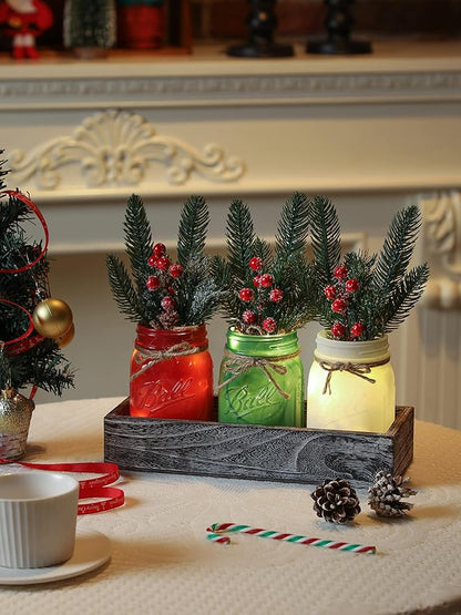 Christmas Mason Jars, Christmas Centerpiece Table Settings, Wood Tray with 3 Painted Jars, Dining Coffee Table Centerpiece, For Kitchen, Living Room, Colorful Mason Jar Decor with Flowers