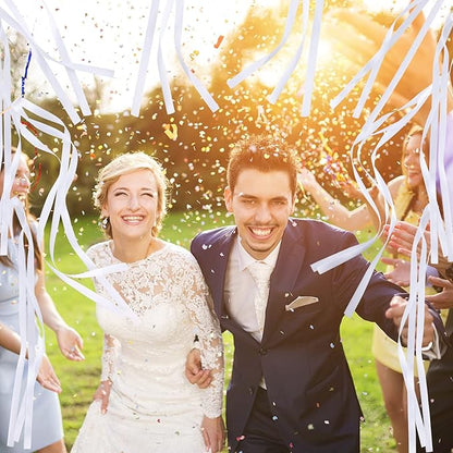 Junkin 100 Pcs Wedding Wands Streamers with Bells Set, 50 White Wedding Send Off Ribbon Streamers Sticks and 50 Favor Tags for Bridal Baby Shower Anniversary Holiday Send Off Party Activities Favors