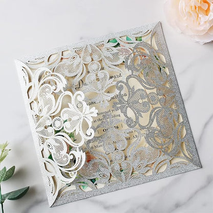 Hosmsua 6.3 x 6.3 Inch 50PCS Silver Glitter Laser Cut Hollow Lace Rose Wedding invitation Cards with Envelopes Wedding invitations for Anniversary Invite (Silver Glitter)