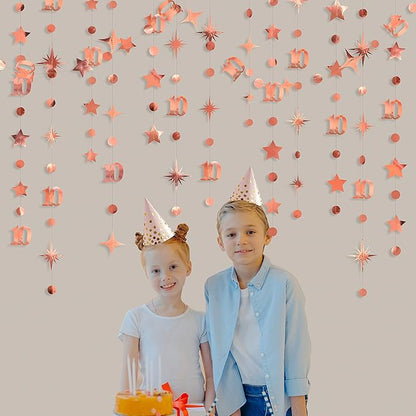 Rose Gold 10th Birthday Decorations Number 10 Circle Dot Twinkle Star Garland Metallic Hanging Streamer Bunting Banner Backdrop for Girls Boys Ten Year Old Birthday 10th Anniversary Party Supplies