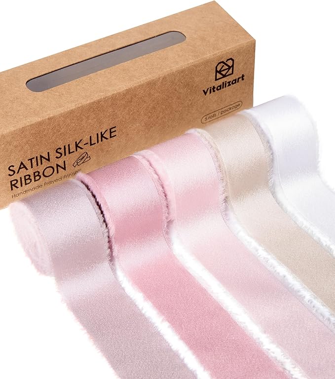 Vitalizart Silk Like Satin Ribbon 1 inch x 25 Yard Pink & Nude Handmade Frayed Ribbons for Gift Wrapping Baby Shower Wedding Bridal Bouquets Holiday Decor