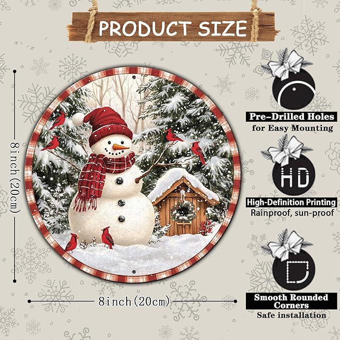 Round Christmas Metal Signs Vintage Snowman and Red Birds Tin Sign Metal Poster Christmas Snowman Sign for Bedroom Farmhouse Garage Wall Decor 8 * 8 in