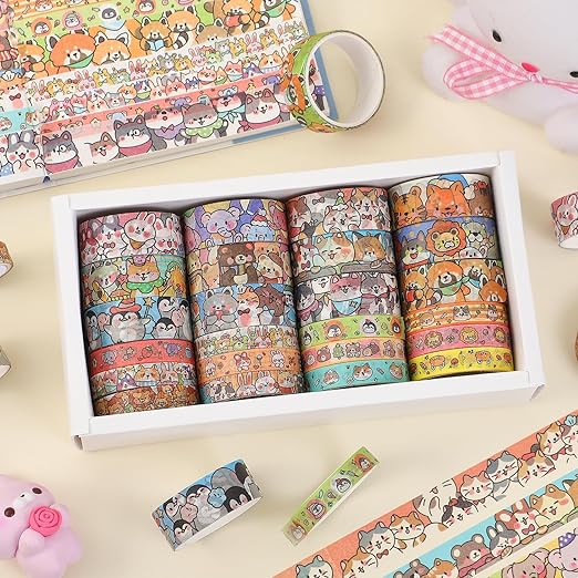 24 Rolls Colorful Cute Cartoon Animal Writable Washi Tape Set, Decorative Tapes for Scrapbooking and Journaling, Junk Journal Supplies, Bullet Journaling for Women Girl 8-15mm Wide 9.84ft Long/Roll