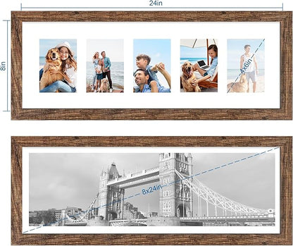 8x24 Picture Frame 2 Pack, Rustic Brown Wood Frame with Tempered Glass, Display Pictures Multiple Five 4x6 With Mat or 8 x 24 Without Mat - Horizontal or Vertical Wall Mounting