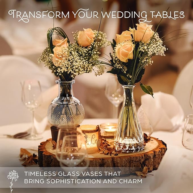 Gather & Bloom Creations Glass Bud Vases in Bulk – Set of 10 Mini Wedding Centerpiece Vases – Durable, Vintage-Inspired Clear Glass Vases for Flowers and Table Decor