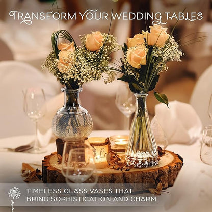 Gather & Bloom Creations Glass Bud Vases in Bulk – Set of 10 Mini Wedding Centerpiece Vases – Durable, Vintage-Inspired Clear Glass Vases for Flowers and Table Decor