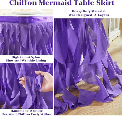 Partisky Mermaid Purple Tulle Curly Willow Table Skirt for Rectangle Table 6ft, Ruffle Tutu Table Cloth for Girls Boys Baby Shower,Mermaid Birthday Party