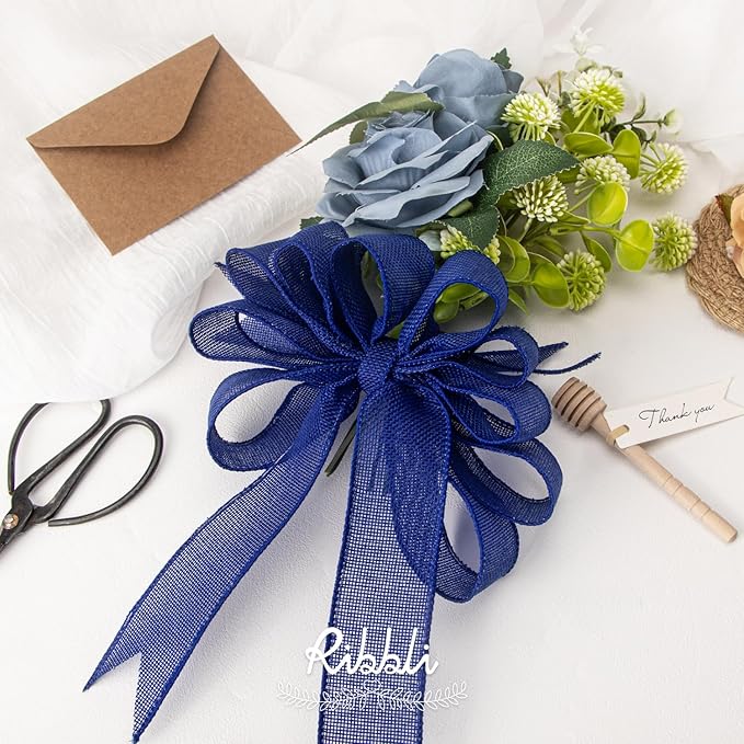 Ribbli Royal Blue Burlap Wired Ribbon,1-1/2 Inch x 10 Yard,Dark Blue Wired Edge Ribbon for Big Bow,Wreath,Tree Decoration,Outdoor Decoration