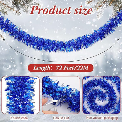 72 Feet Christmas Tinsel Garland Shiny Metallic Tinsel Twist Garland Streamers Ornaments Long Glitter Christmas Tree Hanging Decorations for Party Holiday Wedding Birthday Tree Wall Rail (Blue)