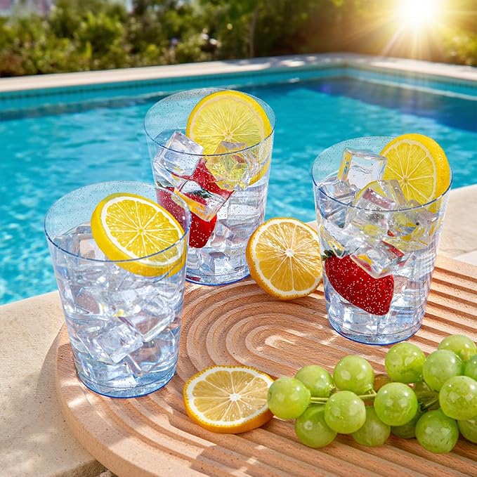 DaYammi 100 Pack Blue Plastic Cups 10 oz Disposable Cups Tumblers, Elegant Blue Glitter Party Drinking Cup Perfect for Wedding, Fancy Disposable Cup Plastic Cocktail Glasses Wine Glasses for Party