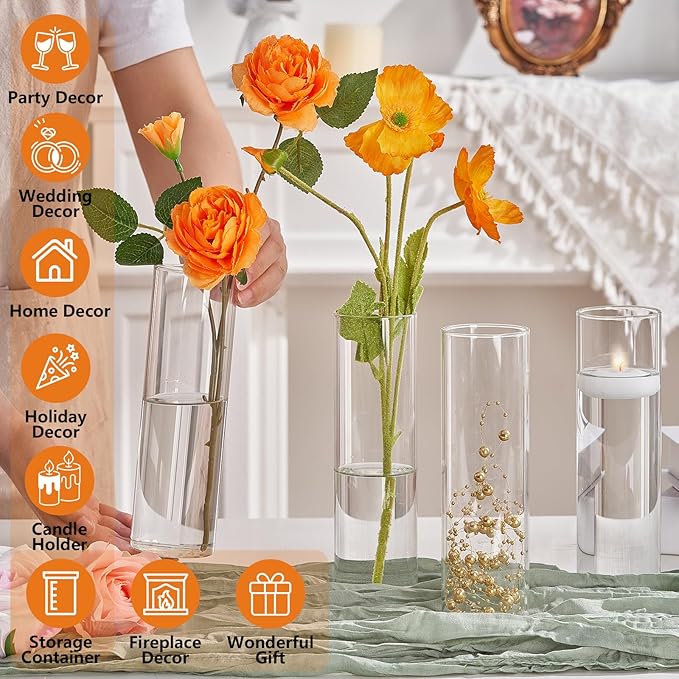 16Pcs Glass Cylinder Bud Vases for Centerpieces,7.7 In Tall Clear Flower Vases in Bulk,Glass Small Vases Floating Candle Holder for Party,Home Decor,Wedding Decoration,Birthday,Anniversary,Baby Shower