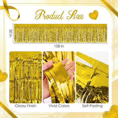 2 Pack Gold Table Skirts, 29x108" Metallic Foil Tinsel Fringe Table Skirts for Rectangle Tables Streamer Curtains Backdrop, Party Decorations for Birthdays Weddings Holidays