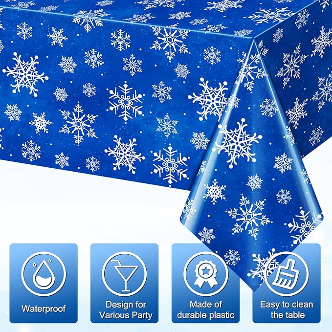 Jectivs 6 Pieces Christmas Snowflake Plastic Party Tablecloth Decorations,White Snowflake Blue Xmas Backdrop Sign Table Cover Banner for Winter Christmas Holiday Party Supplies,54x108 inch (Blue)