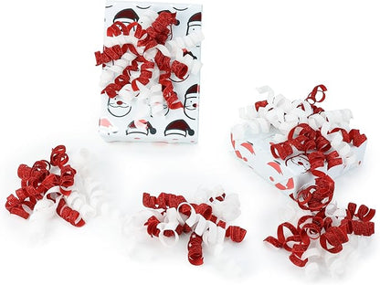 6" Metallic Glitter Red and White Self Adhesive Curly Ribbon Gift Wrap Bows for Christmas, Holiday, Birthday, Wedding, Presents, Party Favors Decorations 6-Count
