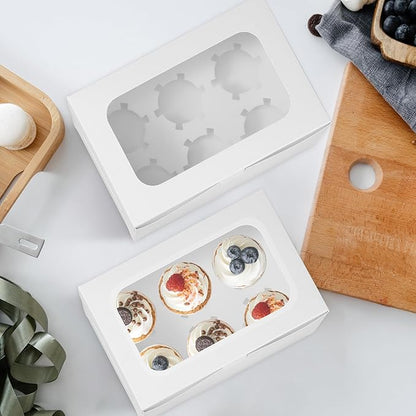 White Cupcake Boxes Holds 6 Standard Cupcake Container,50 Packs,Pastry and Bakery,9.4x6.1x3.14Inches Cookie Boxes with Window and Six Treat Holder for Birthday Holiday Party Bakery