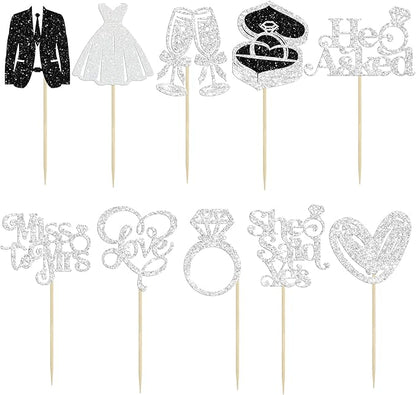 Gyufise 30Pcs She Said Yes Cupcake Toppers Glitter Diamond Ring I Do Love Cupcake Picks Miss to Mrs He Asked Bridal Shower Wedding Engagement Bachelorette Cake Decoration Silver