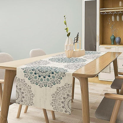 Boho Flower Table Runner, Bohemian Turquoise Mandala White Teal Floral Kitchen Dining Table Runners for Indoor Outdoor Home Party Holiday Decor, 13x120inch