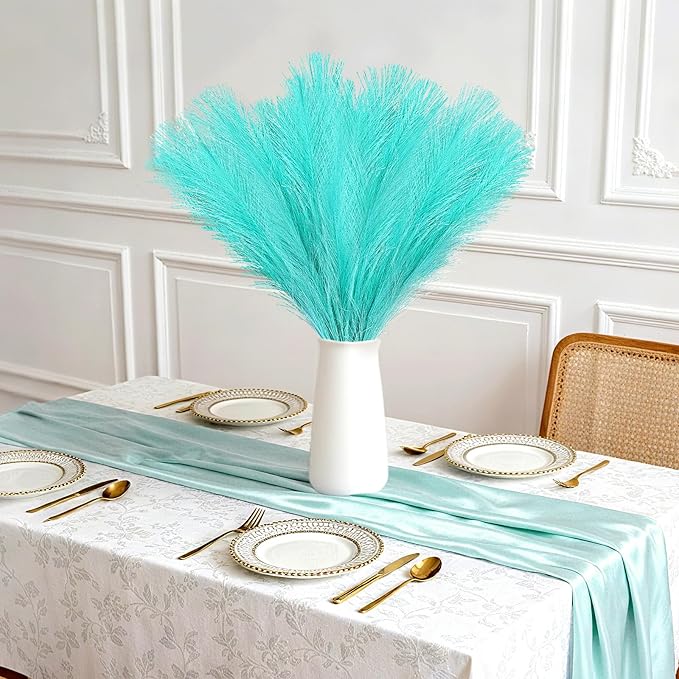 50pcs Faux Pampas Grass, 21.6" Short Artificial Pompous Grass Branches for Vase Filler Home Table Centerpieces Wedding Decor (Sky Blue)