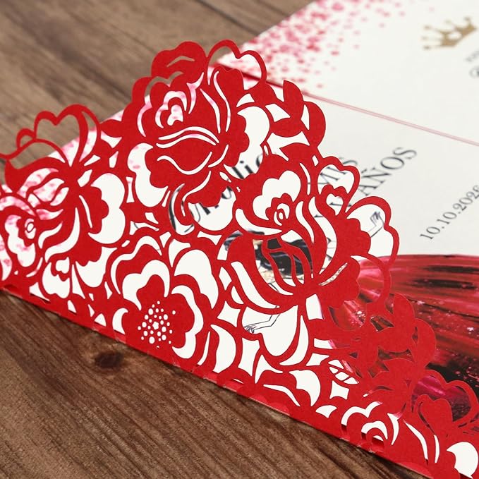 DORIS HOME 50pcs Laser Cut Quinceanera Invitation Pockets with Envelopes Red, 5.12" x 7.12"Invitation Cards for Birthday, Miss 15, Sweet 16 (No Inserts Included)