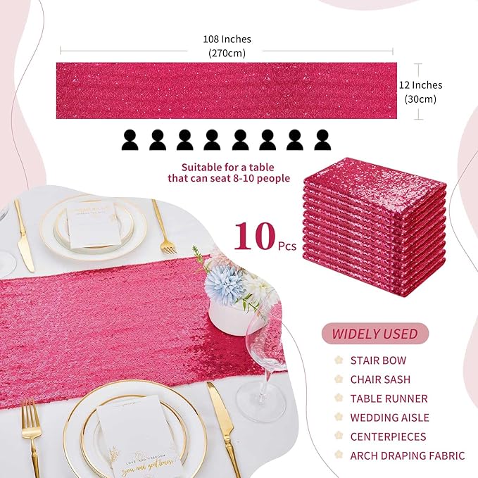 Sequin Table Runner Fuchsia 10 Pcs 12x108 Inches Elegant Wedding Sparkly Fabric Table Runners for Bridal Shower Banquet Celebration Decorations