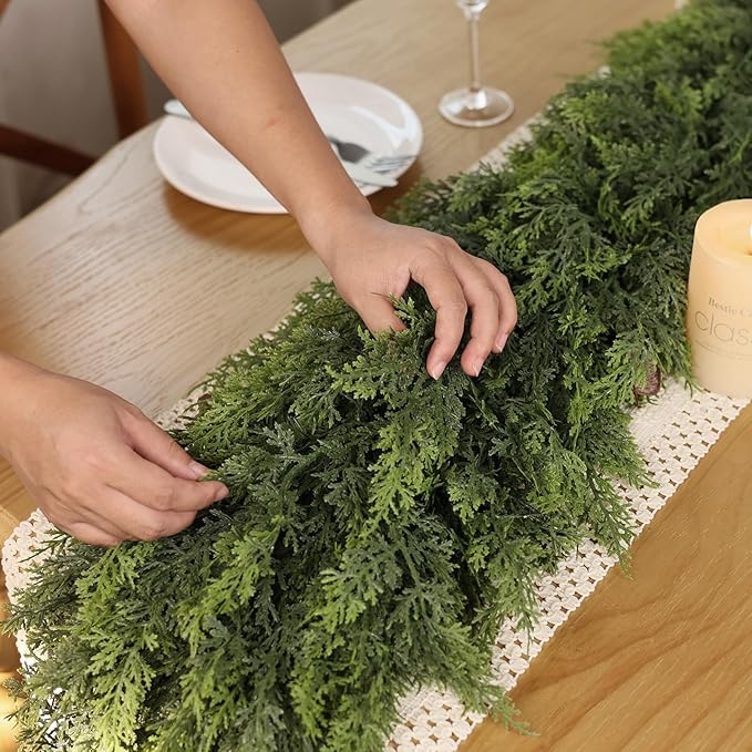 Christmas Cedar Garland - 6ft Artificial Cedar Garland Faux Lush Green Fake Pine Needles for Fireplace,Table,Window,Stairs,Mante,Holiday Indoor Outdoor Xmas Decor(1PCS)