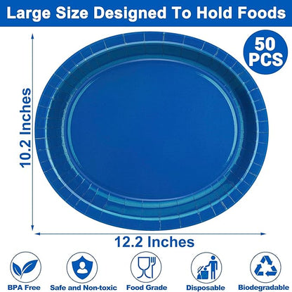 QZYL 50 Count Blue Oval Large Paper Plates, 12.2'' X 10.2'', Bulk Dinner Plates for Birthday, Picnic, Holiday, Camping, Barbecue, Baby Shower Parties