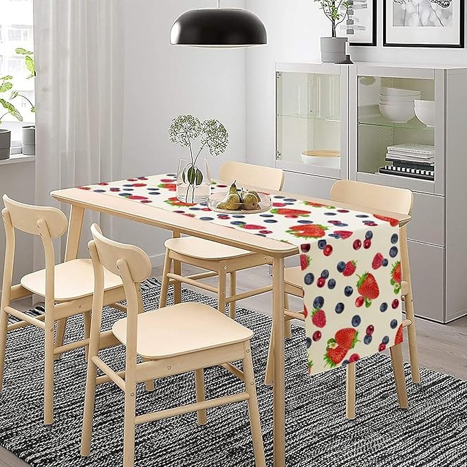 Strawberry Table Runner Spring Summer Fruit Wild Berry Forest Garden Dinner Runner for Farmhouse Party Holiday Home Kitchen Dining Table Decor 13x36