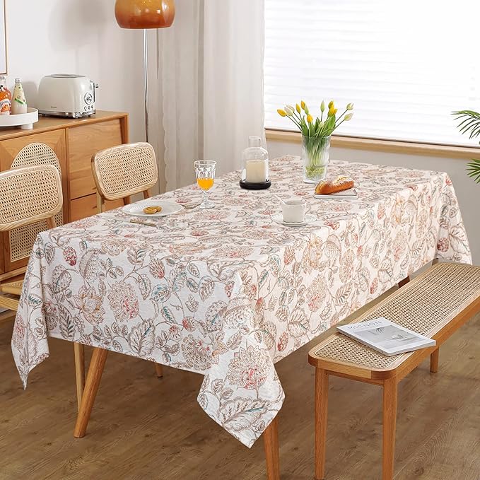 MYSKY HOME Linen Floral Tablecloth Rectangle 60x84 Inch Rustic Tablecloth Spring Summer Waterproof Fabric Table Cover Farmhouse Decoration Oblong for Kitchen, Dining and Outdoor Picnic, Brown