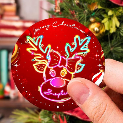 Personalized Christmas Stickers - Custom Name Waterproof Christmas Gift Tags for Gift Box Xmas Holiday Decorations Party Favors - 30 Stickers (Neon Reindeer)
